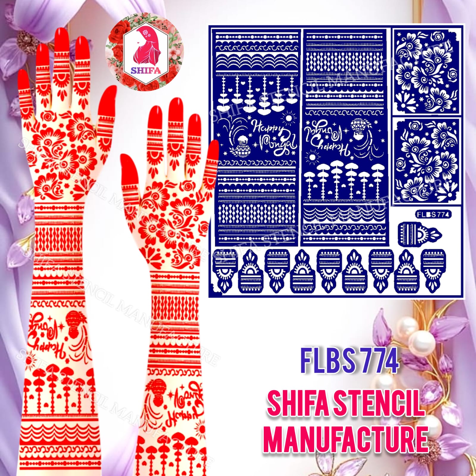 FLBS 774 Festive Pongal Bloom Trails Sticker Overview Henna Stencil - Shifa Stencil